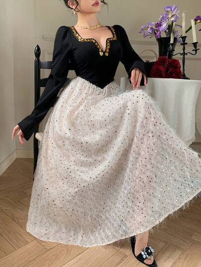 DAZY Women's Colorblock Textured Fabric Patchwork Long Sleeve Waist Cinched Elegant Dress