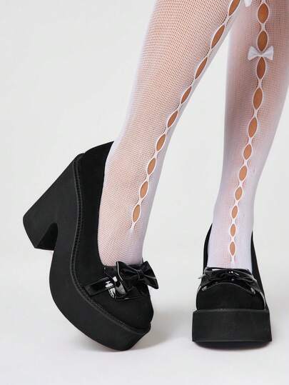 ROMWE Kawaii 女士时尚厚底坡跟鞋 - 休闲朋克风圆头蝴蝶结装饰鞋 - 舒适简约女士套脚派对鞋