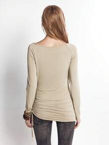Bloopia 不对称做旧设计长袖T恤，性感抽绳褶皱修身休闲上衣，适合秋冬季穿着 - 卡其色 - 查看 2