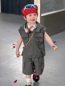 Dazy Kids Bộ áo sơ mi không tay có mũ kiểu Hàn Quốc cho bé trai - Xám - Xem 8