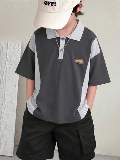 Mirajuku Tween Boy Colorblock Polo Shirt, Super Cool Patchwork Design, Comfortable & Skin-Friendly, Combining Campus Style And Vibe, Suitable For School Daily Wear