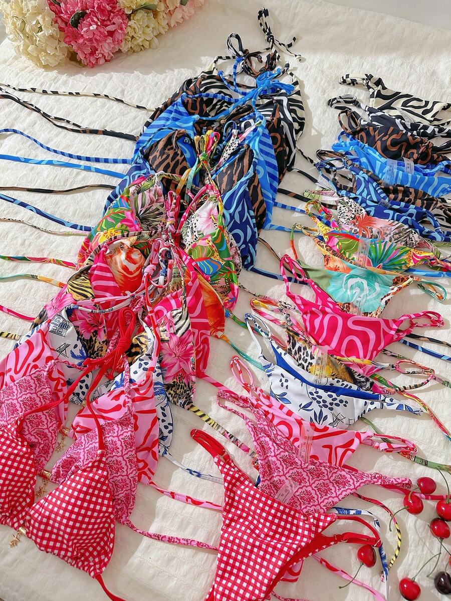 Swim Vcay Women's Summer Random Print Metal Decor Halter Sexy Bikini Set - Multicolor - View 1