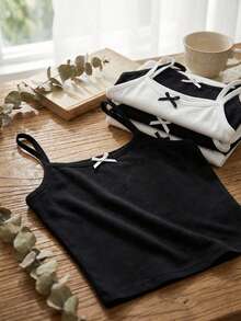 SHEIN 5件/包 女童白色牛奶丝面料简约吊带蝴蝶结吊带背心，休闲舒适针织打底衫，可作外套穿着 - 黑與白 - 查看 1