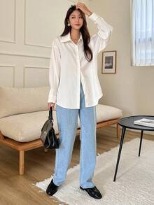 DAZY Women's Loose Casual School Solid Color Shirt - White - View 4