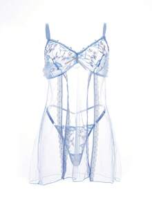 Snug Zone 2pcs/Set Women Solid Color Embroidered Sheer Camisole Nightgown And Thong Panty Set - Baby Blue - View 5