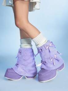 Sugerpunk Giày bốt nữ đế dày, trang trí nơ, phối nhiều mảnh vải, cao đến giữa bắp chân, chất liệu lông xù. - Màu tím - Xem 5