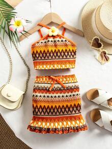 SHEIN Babygirl Cute Summer Casual Vacation Jacquard 3D Floral Camisole & Mini Skirt Set - Multicolor - View 4