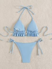 Swim Mod Swim Suits For Women Women's Summer Beach Solid Color Ruffle Trim Halter Neck Tie Two Pieces Bikini Set - Blue - View 3