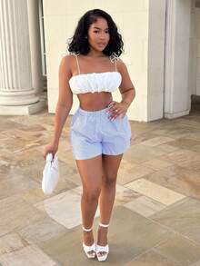 Alexandranx Shorts con estampado de rayas de cintura elástica - Azul y blanco - Ver 3