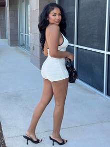 Alexandranx 女士休闲度假 V 领露背蝴蝶结前镂空黑白撞色饰边紧身罗纹连体裤，适合派对、约会、下午茶、海边沙滩，可作为内穿或外穿 - 黑與白 - 查看 3