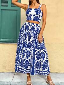 Breezaya Conjunto de 2 piezas con estampado para mujer talla grande, romántico, adecuado para vacaciones, casual, versátil y de moda para uso diario - Azul y blanco - Ver 3