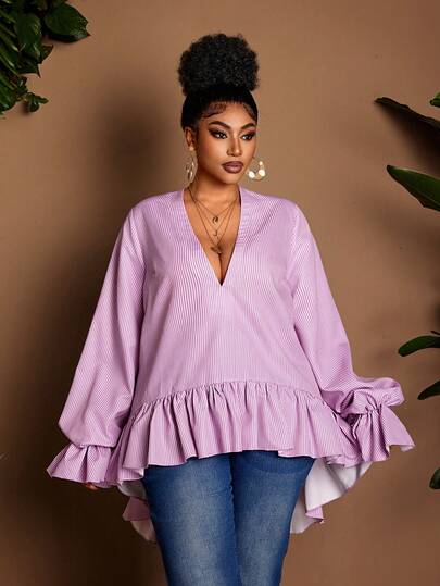 Maweii 大码休闲条纹V领荷叶边下摆衬衫，秋季