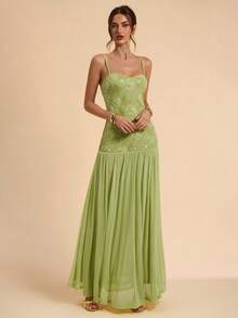 SHEIN BAE Vestido largo sin mangas con parches de malla de jacquard de terciopelo con estampado floral y frutas de primavera y verano, elegante vestido para invitada de boda, vestido verde, vestido elegante, vestido de vacaciones, vestido para fiesta de cumpleaños, vestido para volver al colegio/graduación - Verde - Ver 4