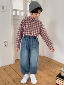 DAZY Pantalones vaqueros casuales para niños con cintura elástica y ajuste holgado con bolsillos - Azul - Ver 4