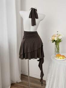 Sweetra Plus Size Women's Spaghetti Strap Rivet Ruffle Hem Waist Fitted Backless Mini Dress, Sleeveless Summer - Brown - View 2