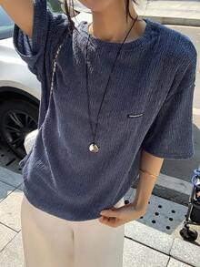 DAZY Women's Casual Loose Letter Print Round Neck Drop Shoulder T-Shirt Summer - Blue - View 7