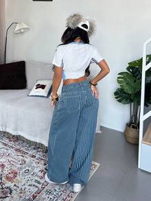 StreetHx Y2K Fashion Casual Street Style Striped Low-Waist Flared Jeans - Medium Wash - View 2