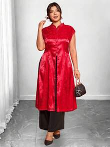Cravure Plus Size New Chinese Style Celebratory Mandarin Collar Split Hem Long Qipao Dress,Elegant Red Summer Curve Party Cheongsam Robe Top - Red - View 5