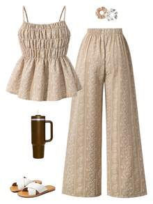 SHEIN 2pcs/Set Teen GirlCasual Camisole Top And Wide Leg Pants Set, Summer - Apricot - View 2