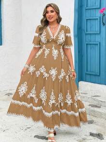 SHEIN Clasi Đầm dự tiệc cỡ lớn cho nữ, cổ chữ V, in hoa, thanh lịch, thắt eo, đầm hè cho nữ, đầm đi nghỉ mát cho nữ, đầm hè phong cách Boho cho nữ, đầm Boho màu nâu cho nữ, đầm kiểu Tây Ban Nha, đầm vintage cho nữ, đầm hè cho nữ, đầm quấn cho nữ, đầm phong cách Bohemian cho nữ, đầm đi nghỉ mát cho nữ. - Màu Khaki - Xem 6
