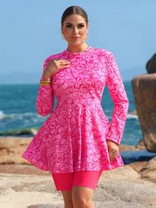 Swim Shayni Plus Size Summer Vacation Floral Print Long Sleeve Top And Burkini Swimwear Set - Multicolor - View 3
