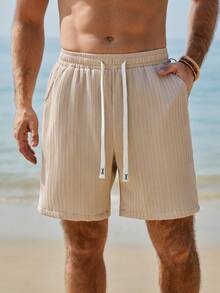 VENTUSAIL Men's Solid Color Minimalist Casual Crinkle Shorts Men Shorts Vacation Beach Clothes For Men White Cream - Beige - View 3