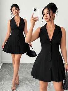 SHEIN PETITE CURVE Vestido elegante y de moda con cuello de solapa, sin mangas y con dobladillo plisado para mujer - Negro - Ver 1