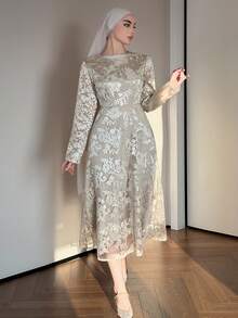 DAZY 女士优雅蕾丝全印花圆领中长连衣裙，春夏款 - 杏色 - 查看 7