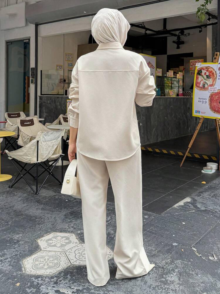 Women's Casual Solid Color Pocket Shirt And Wide Leg Pants 2 Pieces Set, Spring