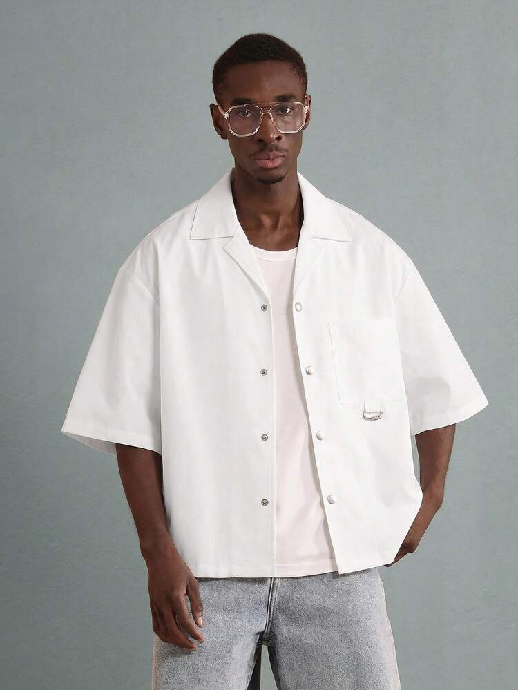 Boxy Fit Oversized White Button Down Shirt With Out Of Stock Text Print For Men