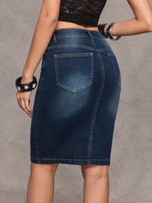 EMERY ROSE Women's Fitted Denim Skirt With Belt Loop, Fashionable Summer - Dark Wash - View 2