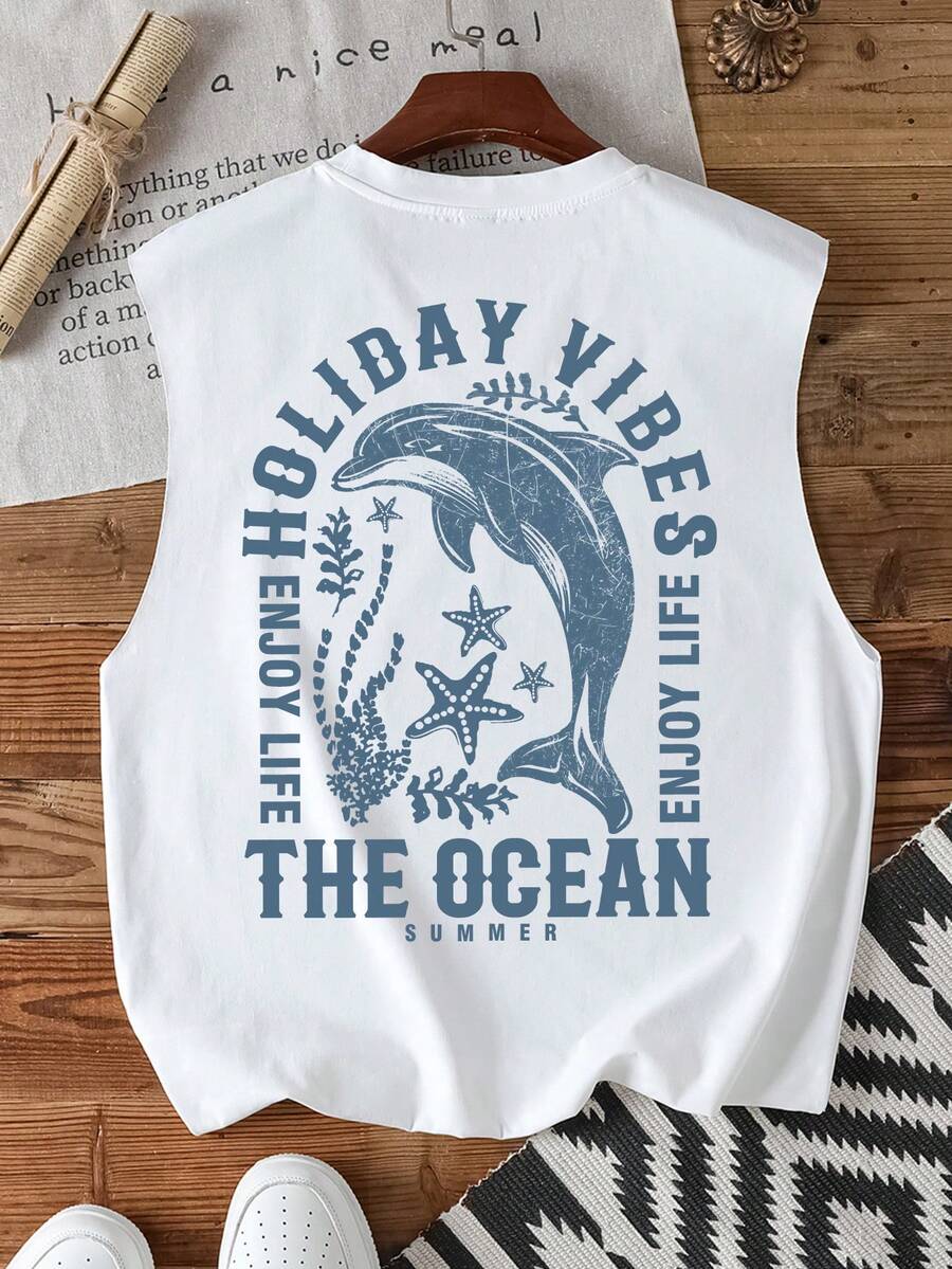 Manfinity Joysei Áo thun nam cổ tròn in chữ và hình cá heo, kiểu dáng thường ngày đa năng, phù hợp cho thời gian rảnh rỗi, kỳ nghỉ và các chuyến đi chơi. - trắng - Xem 1