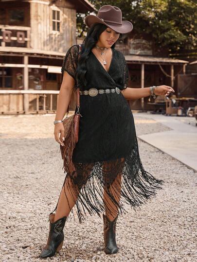 LanaWest Plus Size Black Fringe Decor Hollow Out Short Sleeve Dress