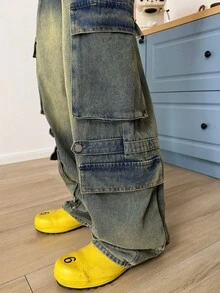 STEELVANCE Quần jeans cargo ống đứng rộng rãi, kiểu dáng vintage, nhiều túi, thời trang đường phố. - Màu xanh bụi bặm - Xem 7