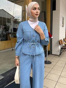 DAZY Women's Casual Belted Shirt With Pockets And Wide Leg Jeans Set, Spring - Medium Wash - View 6