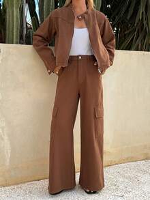 DAZY Women's Collared Long Sleeve Denim Jacket And Relaxed Straight Leg Jeans Casual Denim Suit - Coffee Brown - View 1