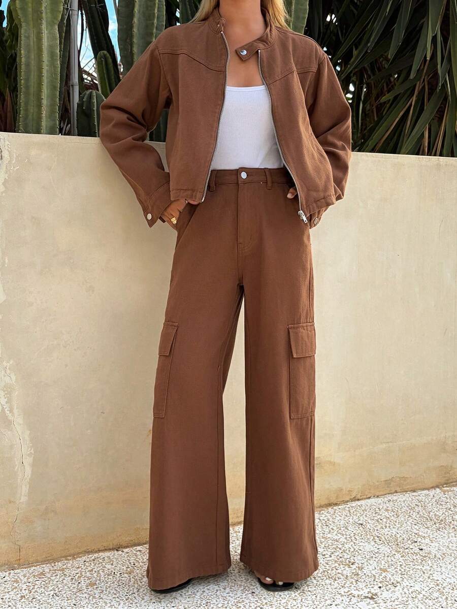 DAZY Women's Collared Long Sleeve Denim Jacket And Relaxed Straight Leg Jeans Casual Denim Suit - Coffee Brown - View 1