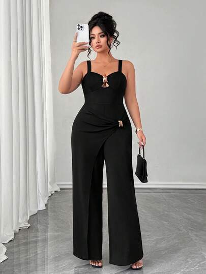 Elenzga Plus Size Women's Elegant Draped Metal Buckle Decor Jumpsuit