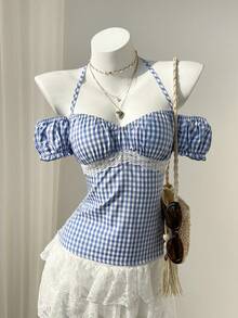 Elamini 2026 Spring/Summer Women's Blue Plaid Sweet Off-Shoulder Petal Sleeve T-Shirt, Fresh And Slimming, Summer Shirt - Multicolor - View 5