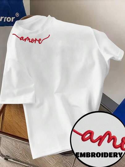 Claim Dot 超大款小众设计，简约风格升级，红色“LOVE”字母+心形刺绣休闲男士短袖T恤，男女皆宜，男士礼物，情人节礼物，刺绣爱心T恤