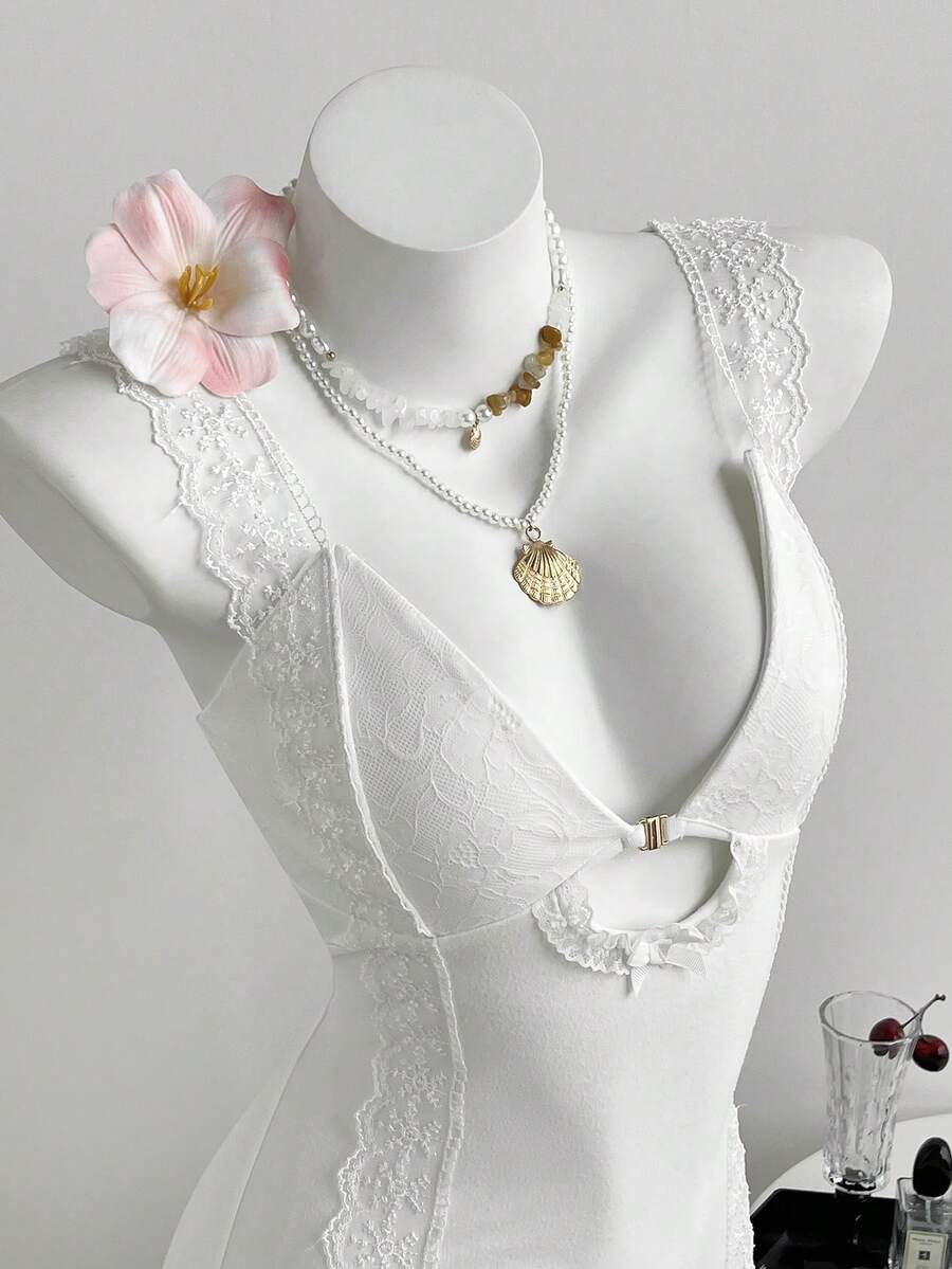 Elamini 女士性感浪漫蕾丝拼接白色连衣裙 - 白色 - 查看 1