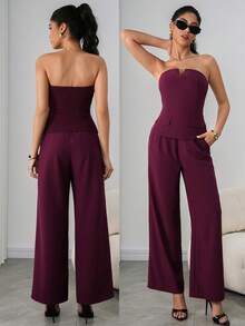 Ritzy Row 新款优雅露肩露背吊带背心和松紧腰长裤两件套，适合通勤、春夏穿着 - 中紫紅色 - 查看 5