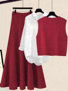 Franclia Conjunto feminino de duas peças para outono/inverno, composto por colete de tricô sem mangas com estampa floral e gola redonda, combinado com saia midi de tricô cinza floral em formato A. - Vermelho - Ver 2