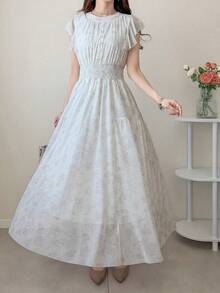 FRIFUL Women's Round Neck Poncho-Style Floral Print Chiffon Dress, Sweet Vacation Wear - White - View 2