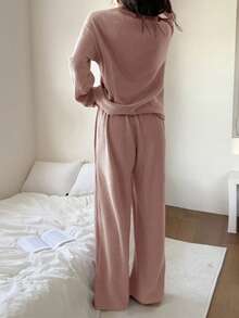 DAZY Minimalist Striped Textured Fleece Cardigan Pajama Set For Women, Spring - Dusty Pink - View 2