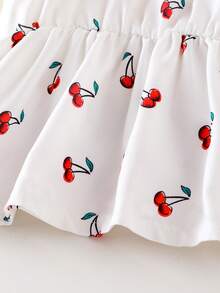 女婴樱桃数码印花吊带背心，牛仔樱桃刺绣口袋短裤套装，可爱迷人的儿童夏季时尚休闲装 - 白色 - 查看 6