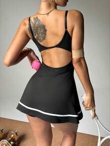 Easithlete Vestido de tirantes con espalda calada y contraste de color, con shorts, conjunto deportivo para mujer - Negro - Ver 4