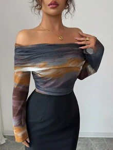 Modelyn Knitted Tie Dye Print Elastic Mesh Splice Solid Black Off Shoulder Long Sleeve Fitted Bodycon Party Graduation Elegant Fashionable Dress, Autumn - Black - View 7