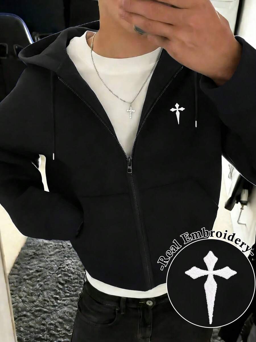 Manfinity Dauomo Men's Casual Fashionable Street Hoodie, Cross Embroidery, Zipper Front, Drawstring, Loose Fit, Suitable For Spring And Autumn Daily Commute - Black - View 1