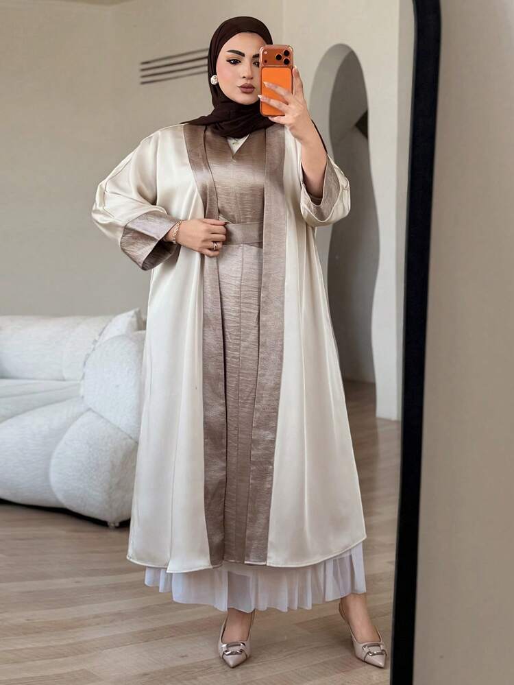 Dazy Plus V-Neck Short Sleeve Waist Cinched Elegant Robe Long Sleeve Cardigan Robe, Spring/Summer/Autumn